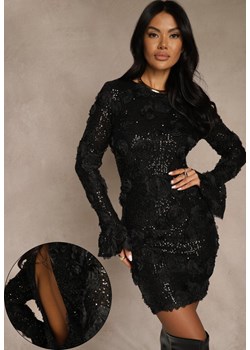Czarna Dopasowana Sukienka Ozdobiona Cekinami i Kwiatami 3D Raweda ze sklepu renee.pl w kategorii Sukienki - zdjęcie 188105926