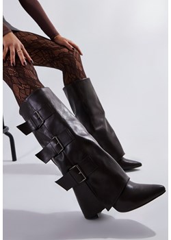 Brązowe Rockowe Kozaki na Słupku z Wywiniętą Cholewką Wykończone Klamrami Navlaya ze sklepu renee.pl w kategorii Kozaki damskie - zdjęcie 188114486