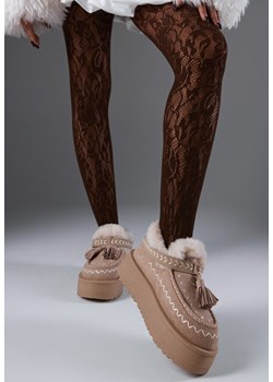 Beżowe Śniegowce na Platformie Ozdobione Haftem i Frędzlami  Linomis ze sklepu renee.pl w kategorii Śniegowce damskie - zdjęcie 188114488