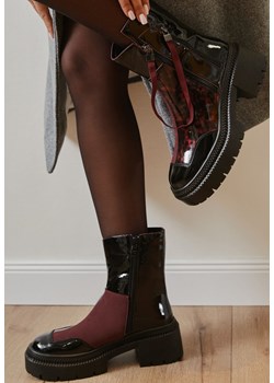 Czarno-Bordowe Lakierowane Botki Vices z Ozdobną Tasiemką Rivavie ze sklepu born2be.pl w kategorii Botki - zdjęcie 188114546