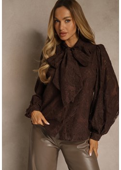 Brązowa Koszula z Koronki Zdobiona Bufiastymi Rękawami i Kokardą przy Dekolcie Sewene ze sklepu renee.pl w kategorii Koszule damskie - zdjęcie 188116416