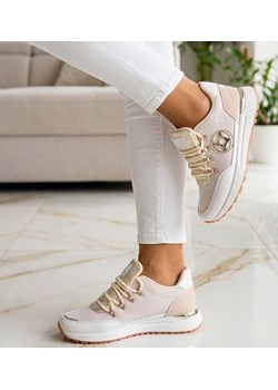 Sznurowane damskie buty sportowe Beżowe /D7-3 12348 T697/ ze sklepu Pantofelek24.pl w kategorii Buty sportowe damskie - zdjęcie 188141255