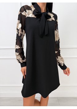 Czarna Sukienka z Ozdobną Siateczką i Wiązaniem przy Szyi ze sklepu ModnaKiecka.pl w kategorii Sukienki - zdjęcie 188144786