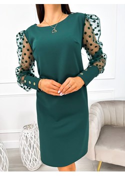 Ciemnozielona Sukienka z Ozdobnym Rękawem ze sklepu ModnaKiecka.pl w kategorii Sukienki - zdjęcie 188151677