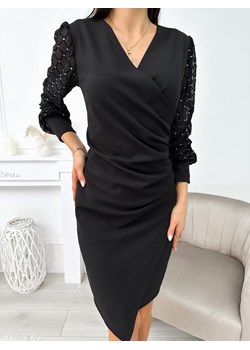 Czarna Sukienka z Ozdobnym Rękawem ze sklepu ModnaKiecka.pl w kategorii Sukienki - zdjęcie 188151709