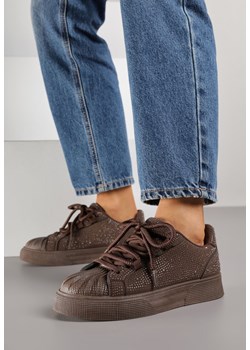 Brązowe Cyrkoniowe Sneakersy Zdobione Marszczeniem na Nosku Westafera ze sklepu renee.pl w kategorii Buty sportowe damskie - zdjęcie 188153829