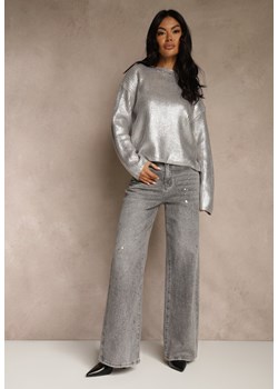 Szare Jeansy High Waist Wide Leg ze Świecącymi Drobinkami Luiza ze sklepu renee.pl w kategorii Jeansy damskie - zdjęcie 188153908