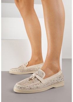 Beżowe Mokasyny z Cyrkoniami i Ozdobami Distantsteam ze sklepu renee.pl w kategorii Mokasyny damskie - zdjęcie 188153988