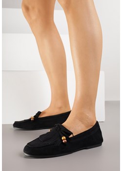 Czarne Mokasyny z Koralikami Kokardą i Frędzlami Nahda ze sklepu renee.pl w kategorii Mokasyny damskie - zdjęcie 188154078