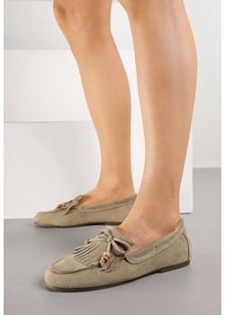 Zielone Mokasyny z Koralikami Kokardą i Frędzlami Nahda ze sklepu renee.pl w kategorii Mokasyny damskie - zdjęcie 188154105