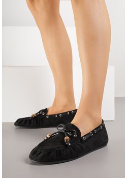 Czarne Mokasyny Ozdobione Kokardą Koralikami i Przeszyciami Clanrunner ze sklepu renee.pl w kategorii Mokasyny damskie - zdjęcie 188154177