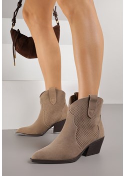 Ciemnobeżowe Skórzane Botki Kowbojki na Stożkowym Obcasie Elinyra ze sklepu born2be.pl w kategorii Botki - zdjęcie 188154619