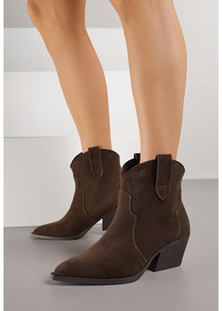 Ciemnobrązowe Skórzane Botki Kowbojki na Stożkowym Obcasie Elinyra ze sklepu born2be.pl w kategorii Botki - zdjęcie 188154637