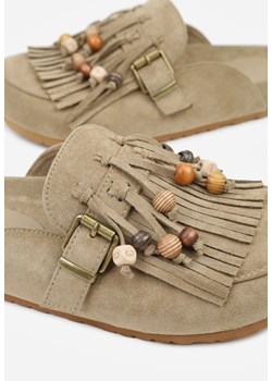 Zielone Klapki na Platformie Ozdobione Koralikami Klamrami i Frędzlami Leurecea ze sklepu renee.pl w kategorii Klapki damskie - zdjęcie 188219667