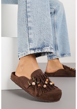 Brązowe Klapki na Platformie Ozdobione Koralikami Klamrami i Frędzlami Leurecea ze sklepu renee.pl w kategorii Klapki damskie - zdjęcie 188219668