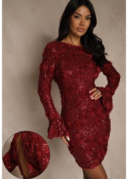 Bordowa Dopasowana Sukienka Ozdobiona Cekinami i Kwiatami 3D Raweda ze sklepu renee.pl w kategorii Sukienki - zdjęcie 188266755