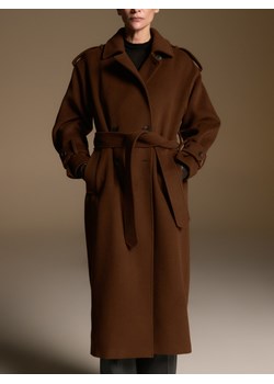 Reserved - Wełniany płaszcz z szalem - brązowy ze sklepu Reserved w kategorii Płaszcze damskie - zdjęcie 188279729