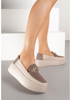 Beżowe Półbuty na Platformie i Koturnie ze Skóry Naturalnej z Metaliczną Aplikacją Takaria ze sklepu renee.pl w kategorii Półbuty damskie - zdjęcie 188279968
