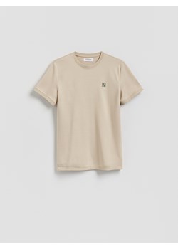 Reserved - T-shirt slim fit z haftem - beżowy ze sklepu Reserved w kategorii T-shirty męskie - zdjęcie 188329248