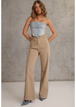 Beżowe Bawełniane Jeansy High Waist Wide Leg z Pionowymi Przeszyciami Ethemithea ze sklepu renee.pl w kategorii Jeansy damskie - zdjęcie 188330735