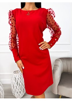 Czerwona Sukienka z Ozdobnym Rękawem ze sklepu ModnaKiecka.pl w kategorii Sukienki - zdjęcie 188346866