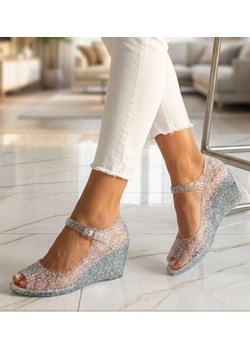 Plażowe sandały meliski na koturnie Srebrne otwarte /H2 14572 T890/ ze sklepu Pantofelek24.pl w kategorii Sandały damskie - zdjęcie 188349569