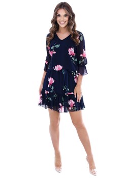 Sukienka FSU1048 GRANATOWY czerwono szare tulipany ze sklepu fokus.pl w kategorii Sukienki - zdjęcie 188351319