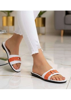 Pomarańczowo białe klapki na płaskim obcasie /H2 14346 T005/ ze sklepu Pantofelek24.pl w kategorii Klapki damskie - zdjęcie 188357889