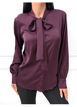 Śliwkowa Satynowa Koszula z Wiązaniem przy Dekolcie ze sklepu ModnaKiecka.pl w kategorii Koszule damskie - zdjęcie 188372766