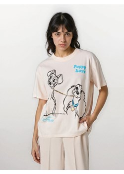 Sinsay - Bawełniana koszulka z nadrukiem Lady and the Tramp - kremowy ze sklepu Sinsay w kategorii Bluzki damskie - zdjęcie 188389358