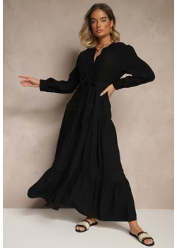 Czarna Wiskozowa Sukienka o Rozkloszowanym Kroju z Wiązanym Paskiem i Koronką Reisavien ze sklepu renee.pl w kategorii Sukienki - zdjęcie 188422446