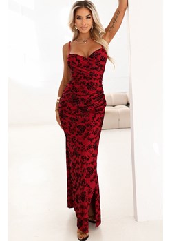Dopasowana sukienka maxi z kopertowym dekoltem i rozcięciem 645-2, Kolor bordowy-wzór, Rozmiar one size, NUMOCO BASIC ze sklepu Primodo w kategorii Sukienki - zdjęcie 188478527
