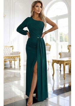 Brokatowa sukienka maxi na jedno ramię 658-2, Kolor butelkowa zieleń, Rozmiar L, Numoco ze sklepu Primodo w kategorii Sukienki - zdjęcie 188478547