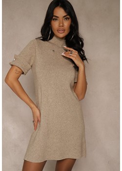 Beżowa Sukienka Sweterkowa o Trapezowym Kroju z Perełkami Liatusea ze sklepu renee.pl w kategorii Sukienki - zdjęcie 188481248