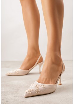 Beżowe Sandały na Szpilce Ozdobione Haftowanym Wzorem i Koralikami Sametis ze sklepu renee.pl w kategorii Czółenka - zdjęcie 188481309