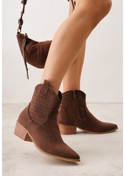 Brązowe Botki Kowbojki Vices na Słupku z Ażurową Cholewką Elfedi ze sklepu renee.pl w kategorii Botki - zdjęcie 188481509