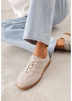 Beżowe Płaskie Sneakersy ze Skóry Naturalnej z Ozdobnymi Paskami Nelarielis ze sklepu renee.pl w kategorii Buty sportowe damskie - zdjęcie 188502038