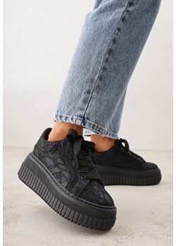 Czarne Koronkowe Sneakersy na Platformie z Tłoczeniem i Brokatem Phisnell ze sklepu renee.pl w kategorii Buty sportowe damskie - zdjęcie 188502075