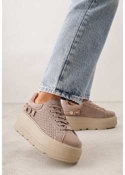 Ciemnobeżowe Perforowane Sneakersy ze Skóry Naturalnej na Platformie i Koturnie Risyla ze sklepu renee.pl w kategorii Buty sportowe damskie - zdjęcie 188502149
