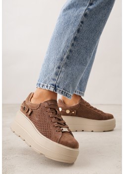 Brązowe Perforowane Sneakersy ze Skóry Naturalnej na Platformie i Koturnie Risyla ze sklepu renee.pl w kategorii Buty sportowe damskie - zdjęcie 188502158