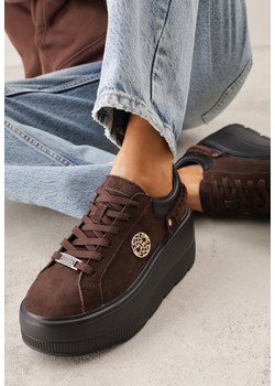 Brązowe Skórzane Sneakersy na Platformie z Aplikacją i Plecionym Paskiem Kaphophai ze sklepu renee.pl w kategorii Buty sportowe damskie - zdjęcie 188502167