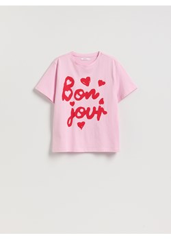 Reserved - Bawełniany t-shirt z nadrukiem - pastelowy róż ze sklepu Reserved w kategorii Bluzki damskie - zdjęcie 188502336