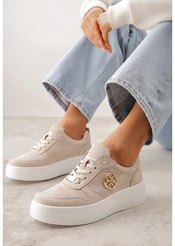 Beżowe Sneakersy Skórzane na Grubej Podeszwie z Geometryczną Ozdobą Syrolphi ze sklepu born2be.pl w kategorii Buty sportowe damskie - zdjęcie 188504909