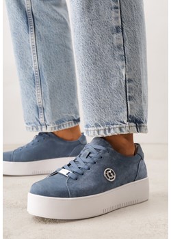 Niebieskie Sneakersy ze Skóry Naturalnej na Grubej Podeszwie z Metaliczną Ozdobą Sabypise ze sklepu born2be.pl w kategorii Buty sportowe damskie - zdjęcie 188504927