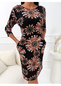 Czarna Prosta Sukienka w Pomarańczowy Wzór ze sklepu ModnaKiecka.pl w kategorii Sukienki - zdjęcie 188512448