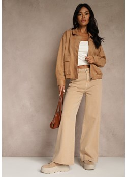 Beżowe Jeansy High Waist Wide Leg z Surowo Zakończonymi Nogawkami Rhelnell ze sklepu renee.pl w kategorii Jeansy damskie - zdjęcie 188534207
