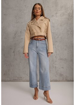 Niebieskie Szerokie Jeansy Culottes z Bawełną High Waist Ozdobione Przeszyciami Timolis ze sklepu renee.pl w kategorii Jeansy damskie - zdjęcie 188534366