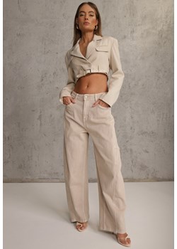 Beżowe Jeansy z Bawełny Typu Balloon High Waist Ozdobione Przeszyciami Eunaris ze sklepu renee.pl w kategorii Jeansy damskie - zdjęcie 188534446