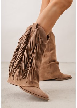 Jasnobrązowe Botki Kowbojki na Słupku Ozdobione Frędzlami  i Wywiniętą Cholewką Aedime ze sklepu renee.pl w kategorii Botki - zdjęcie 188534475