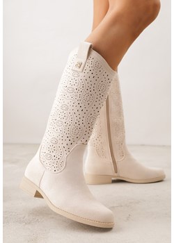 Beżowe Ażurowe Botki Kowbojki z Geometryczną Ozdobą Naeraste ze sklepu renee.pl w kategorii Botki - zdjęcie 188534529